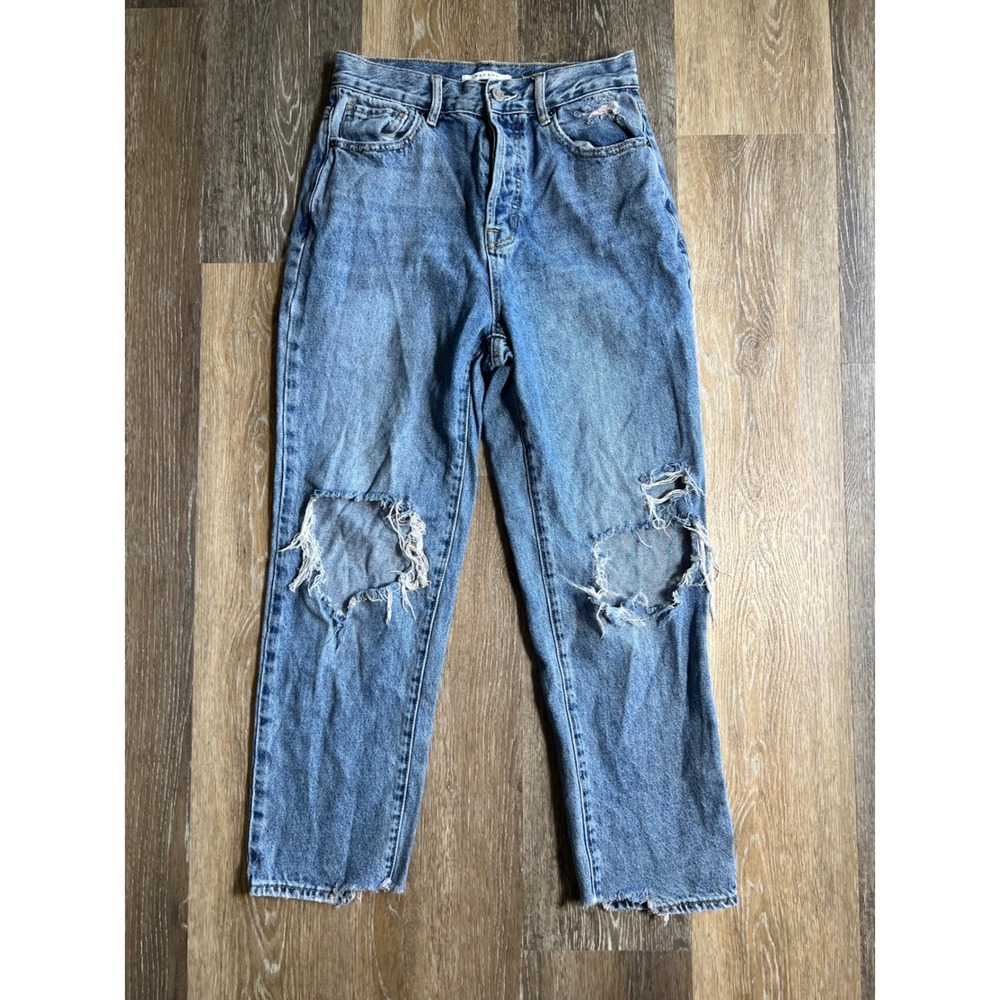 PacSun High Rise Straight Jeans Womens 27 Blue Good Distressed Raw Hem Knee Slit